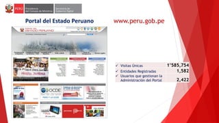 www.peru.gob.pePortal del Estado Peruano
 Visitas Únicas 1’585,754
 Entidades Registradas 1,582
 Usuarios que gestionan la
Administración del Portal 2,422
 