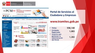 Portal de Servicios al
Ciudadano y Empresas
www.tramites.gob.pe
 Visitas 558,140
 Entidades
Registradas
1,083
 Usuarios que
gestionan la
Administración
del Portal
1,282
 