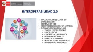 INTEROPERABILIDAD 2.0
• IMPLEMENTACION DE LA PIDE 2.0
(VIRTUALIZACION)
• 300 SERVICIOS WEB
• 100 ENTIDADES PUBLICAN SUS SERVICIOS
• ENTIDADES CONSUMIDORAS: 800
• TODO EL PODER EJECUTIVO
• PODER JUDICIAL
• CONGRESO DE LA REPUBLICA
• GOBIERNOS REGIONALES
• FONAFE Y 34 EMPRESAS
• MUNICIPALIDADES PROVINCIALES
• UNIVERSIDADES NACIONALES
 