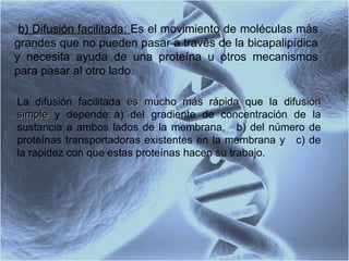 b) Difusión facilitada:  Es el movimiento de moléculas más grandes que no pueden pasar a través de la bicapalipídica y necesita ayuda de una proteína u otros mecanismos para pasar al otro lado.   La difusión facilitada  es mucho más rápida que la difusión simple  y depende: a) del gradiente de concentración de la sustancia a ambos lados de la membrana,   b) del número de proteínas transportadoras existentes en la membrana y   c) de la rapidez con que estas proteínas hacen su trabajo.  
