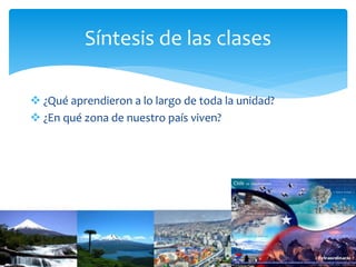  ¿Qué aprendieron a lo largo de toda la unidad?
 ¿En qué zona de nuestro país viven?
Síntesis de las clases
 