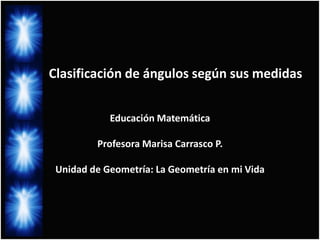 Clasificación de ángulos según sus medidas


            Educación Matemática

         Profesora Marisa Carrasco P.

 Unidad de Geometría: La Geometría en mi Vida
 