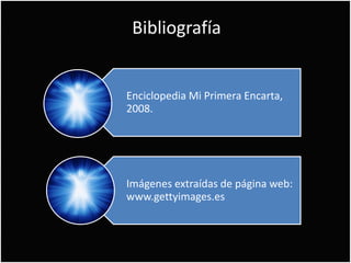 Bibliografía


Enciclopedia Mi Primera Encarta,
2008.




Imágenes extraídas de página web:
www.gettyimages.es
 