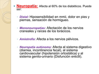  Neuropatía: Afecta al 60% de los diabéticos. Puede
ser:
◦ Distal: Hiposensibilidad en mmii, dolor en pies y
piernas, sensación de hormigueo.
◦ Mononeuropatías: Afectación de los nervios
craneales y raíces de los torácicos.
◦ Amiotrofia: Afecta a los nervios pélvicos.
◦ Neuropatía autónoma: Afecta al sistema digestivo
(diarrea, incontinencia fecal), al sistema
cardiovascular (hipotensión ortostática) y al
sistema genito-urinario (Disfunción eréctil).
 