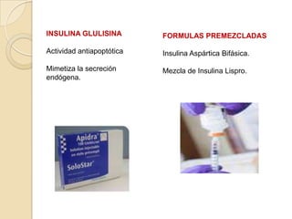 INSULINA GLULISINA
Actividad antiapoptótica
Mimetiza la secreción
endógena.
FORMULAS PREMEZCLADAS
Insulina Aspártica Bifásica.
Mezcla de Insulina Lispro.
 