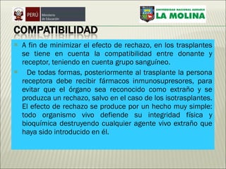 A fin de minimizar el efecto de rechazo, en los trasplantes se tiene en cuenta la compatibilidad entre donante y receptor, teniendo en cuenta grupo sanguíneo. De todas formas, posteriormente al trasplante la persona receptora debe recibir fármacos inmunosupresores, para evitar que el órgano sea reconocido como extraño y se produzca un rechazo, salvo en el caso de los isotrasplantes. El efecto de rechazo se produce por un hecho muy simple: todo organismo vivo defiende su integridad física y bioquímica destruyendo cualquier agente vivo extraño que haya sido introducido en él.  