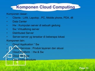 Komponen Cloud Computing
Komponen dasar:
•
Clients : LAN, Lapotop , PC, Mobile phone, PDA, dll
•
Data Center
•
Hw : Kumpulan server di sebuah gedung
•
Sw: Virtuallizing server
•
Distributed Server
•
Server-server yg tersebar di beberapa lokasi
Komponen lain:
•
Cloud Application “ Sw
•
Cloud Services : Produk layanan dan slousi
•
Cloud Platform : Hw & Sw
•
Cloud Storage
•
Cloud Infrastructure
Page 13

 