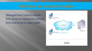  Managed from Central Location
 Web access to commercial software
 Delivered in one to many model
 