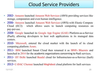 Cloud Service Providers
13/11/21 29
• 2002- Amazon launched Amazon Web Services (AWS) providing services like
storage, computation and even human intelligence.
• 2006- Amazon launched Amazon Web Services (AWS) with Elastic Compute
Cloud (EC2) which allows users to launch computing resources on
pay-per-use.
• 2008- Google launched its Google App Engine (GAE) Platform-as-a-Service
(PaaS), allowing developers to host web applications in its managed data
centers.
• 2010- Microsoft, entered the cloud market with the launch of its cloud
computing platform Azure.
• 2011- IBM launched Smart Cloud then renamed it as IBM's Bluemix and
launched in 2014 for the academic organizations concerning to PaaS services.
• 2011- IIT Delhi launched Baadal cloud for Infrastructure-as-a-Service (IaaS)
services.
• 2013- C-DAC Chennai launched Meghdoot cloud platform for IaaS services
 
