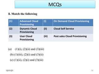 13/11/21 78
8. Match the following
(1) Advanced Cloud
Provisioning
(i) On Demand Cloud Provisioning
(2) Dynamic Cloud
Provisioning
(ii) Cloud Self Service
(3) User Cloud
Provisioning
(iii) Post sales Cloud Provisioning
(a) (1)(i), (2)(ii) and (3)(iii)
(b) (1)(iii), (2)(i) and (3)(ii)
(c) (1)(ii), (2)(i) and (3)(iii)
MCQs
 