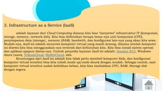 3. Infrastructure as a Service (IaaS) 
adalah layanan dari Cloud Computing dimana kita bisa “menyewa” infrastruktur IT (komputasi, 
storage, memory, network dsb). Kita bisa definisikan berapa besar-nya unit komputasi (CPU), 
penyimpanan data (storage) , memory (RAM), bandwith, dan konfigurasi lain-nya yang akan kita sewa. 
Mudah-nya, IaaS ini adalah menyewa komputer virtual yang masih kosong, dimana setelah komputer 
ini disewa kita bisa menggunakan-nya terserah dari kebutuhan kita. Kita bisa install sistem operasi 
dan aplikasi apapun diatas-nya. Contoh penyedia layanan IaaS ini adalah: Amazon EC2, Windows 
Azure (soon), TelkomCloud, BizNetCloud, dsb. 
Keuntungan dari IaaS ini adalah kita tidak perlu membeli komputer fisik, dan konfigurasi 
komputer virtual tersebut bisa kita rubah (scale up/scale down) dengan mudah. Sebagai contoh, saat 
komputer virtual tersebut sudah kelebihan beban, kita bisa tambahkan CPU, RAM, Storage dsb 
dengan segera. 
 