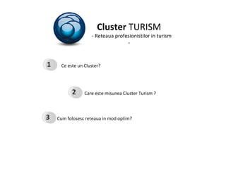 Cluster  TURISM - Reteaua profesionistilor in turism - Ce este un Cluster? Care este misunea Cluster Turism ? Cum folosesc reteaua in mod optim? 1 2 3 