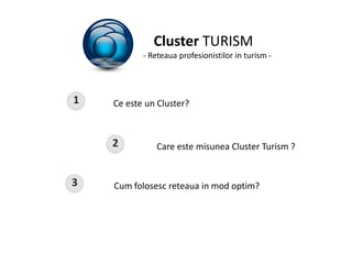 Cluster TURISM
           - Reteaua profesionistilor in turism -




1   Ce este un Cluster?



    2          Care este misunea Cluster Turism ?


3   Cum folosesc reteaua in mod optim?
 