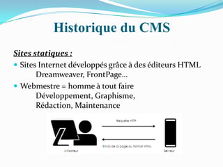 Historique du CMS
Sites statiques :
 Sites Internet développés grâce à des éditeurs HTML
Dreamweaver, FrontPage…
 Webmestre = homme à tout faire
Développement, Graphisme,
Rédaction, Maintenance
 