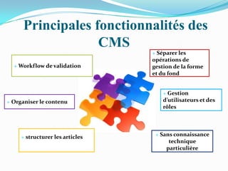 Principales fonctionnalités des
CMS
+ Workflow de validation
+ Organiser le contenu
+ structurer les articles
+ Gestion
d’utilisateurs et des
rôles
+ Séparer les
opérations de
gestion de la forme
et du fond
+ Sans connaissance
technique
particulière
 