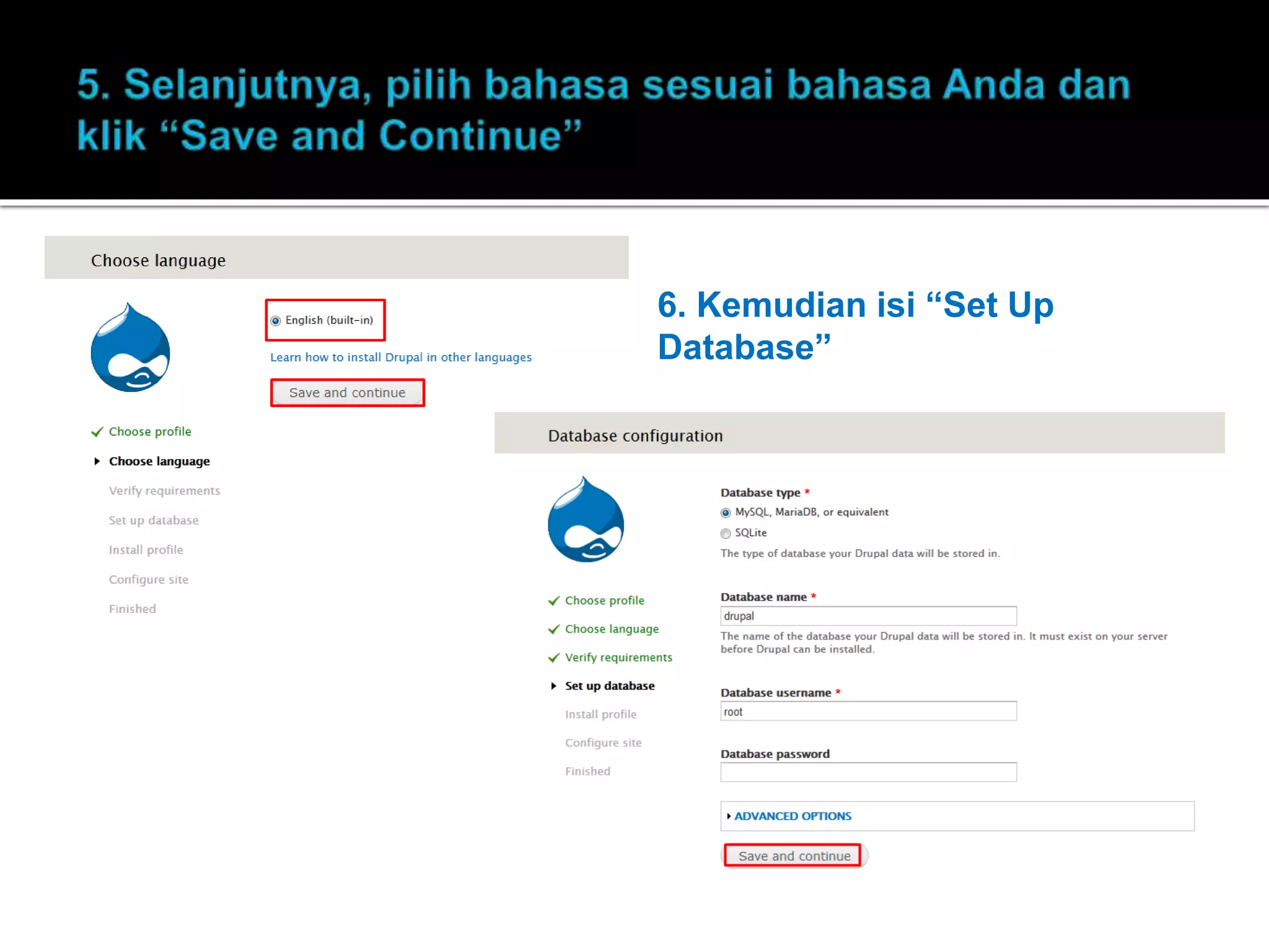 6. Kemudian isi “Set Up
Database”
 