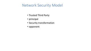 Network Security Model
• Trusted Third Party
• principal
• Security transformation
• opponent
 