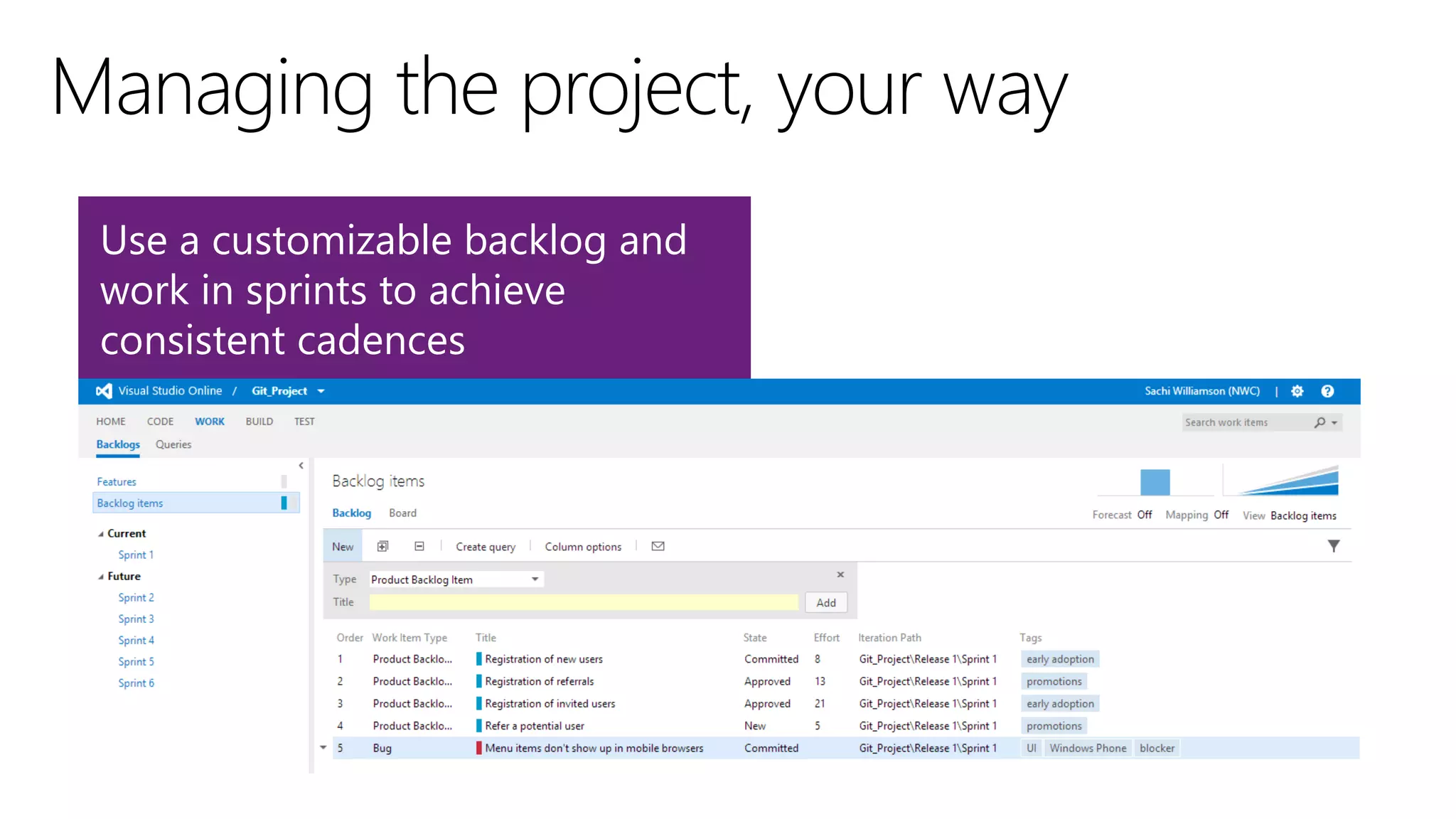 Use a customizable backlog and
work in sprints to achieve
consistent cadences
 