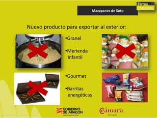 Nuevo producto para exportar al exterior:
Mazapanes de Soto
•Granel
•Merienda
Infantil
•Gourmet
•Barritas
energéticas
 