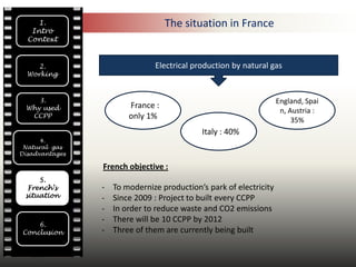 1.                            The situation in France
   Intro
  Context


     2.                        Electrical production by natural gas
  Working



    3.                                                              England, Spai
 Why used              FFrance :
                                                                     n, Austria :
  CCPP                  only 1%                                          35%
                                           FItaly : 40%
      4.
 Natural gas
Disadvantages

                French objective :
     5.
  French’s      -   To modernize production’s park of electricity
 situation      -   Since 2009 : Project to built every CCPP
                -   In order to reduce waste and CO2 emissions
                -   There will be 10 CCPP by 2012
    6.
Conclusion      -   Three of them are currently being built
 