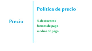 Precio
Política de precio
% descuentos
formas de pago
medios de pago
 