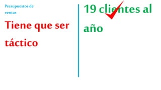 Presupuestos de
ventas
Tiene que ser
táctico
19 clientes al
año
 
