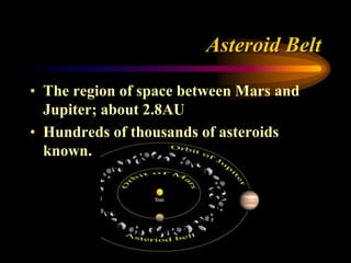 Asteroid Belt
• The region of space between Mars and
Jupiter; about 2.8AU
• Hundreds of thousands of asteroids
known. Probably millions.
 