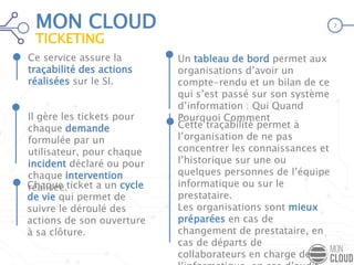 Ce service assure la
traçabilité des actions
réalisées sur le SI.
Il gère les tickets pour
chaque demande
formulée par un
utilisateur, pour chaque
incident déclaré ou pour
chaque intervention
réalisée.
Cette traçabilité permet à
l’organisation de ne pas
concentrer les connaissances et
l’historique sur une ou
quelques personnes de l’équipe
informatique ou sur le
prestataire.
Les organisations sont mieux
préparées en cas de
changement de prestataire, en
cas de départs de
collaborateurs en charge de
Un tableau de bord permet aux
organisations d’avoir un
compte-rendu et un bilan de ce
qui s’est passé sur son système
d’information : Qui Quand
Pourquoi Comment
MON CLOUD
TICKETING
7
Chaque ticket a un cycle
de vie qui permet de
suivre le déroulé des
actions de son ouverture
à sa clôture.
 