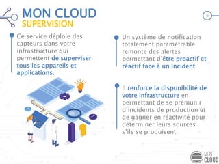 Ce service déploie des
capteurs dans votre
infrastructure qui
permettent de superviser
tous les appareils et
applications.
Un système de notification
totalement paramétrable
remonte des alertes
permettant d’être proactif et
réactif face à un incident.
Il renforce la disponibilité de
votre infrastructure en
permettant de se prémunir
d’incidents de production et
de gagner en réactivité pour
déterminer leurs sources
s’ils se produisent
MON CLOUD
SUPERVISION
9
 