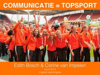 COMMUNICATIE = TOPSPORT!
Edith Bosch & Corine van Impelen!
5 juni 2014!
Logeion jaarcongres!
 