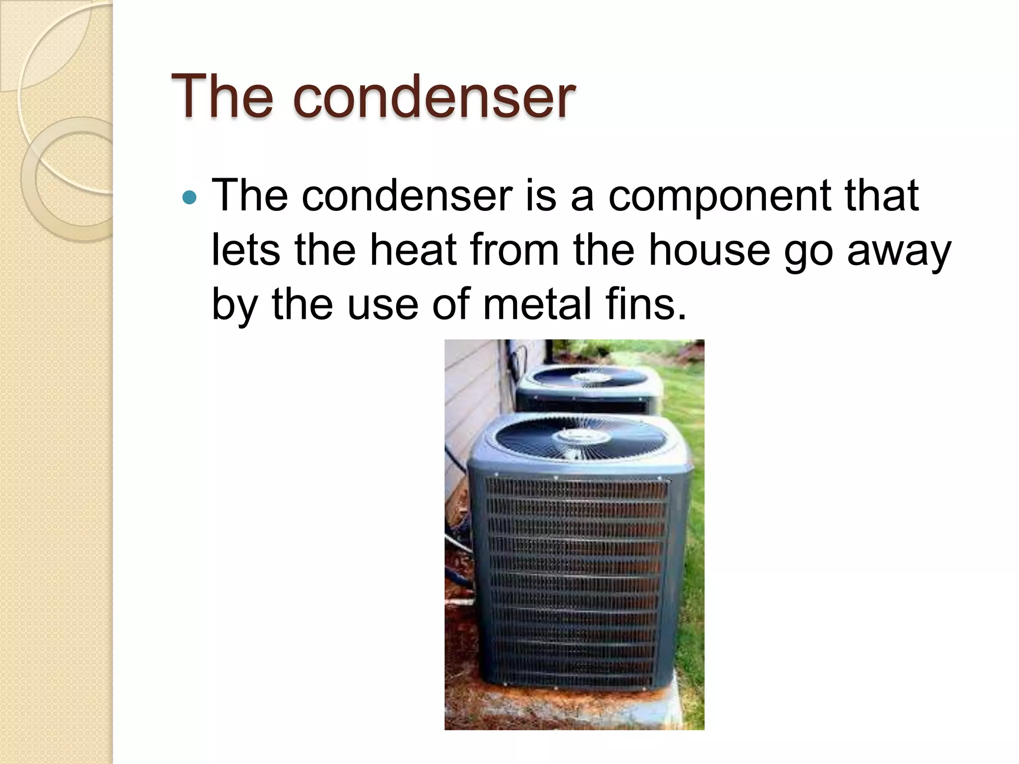 The condenser


The condenser is a component that
lets the heat from the house go away
by the use of metal fins.

 