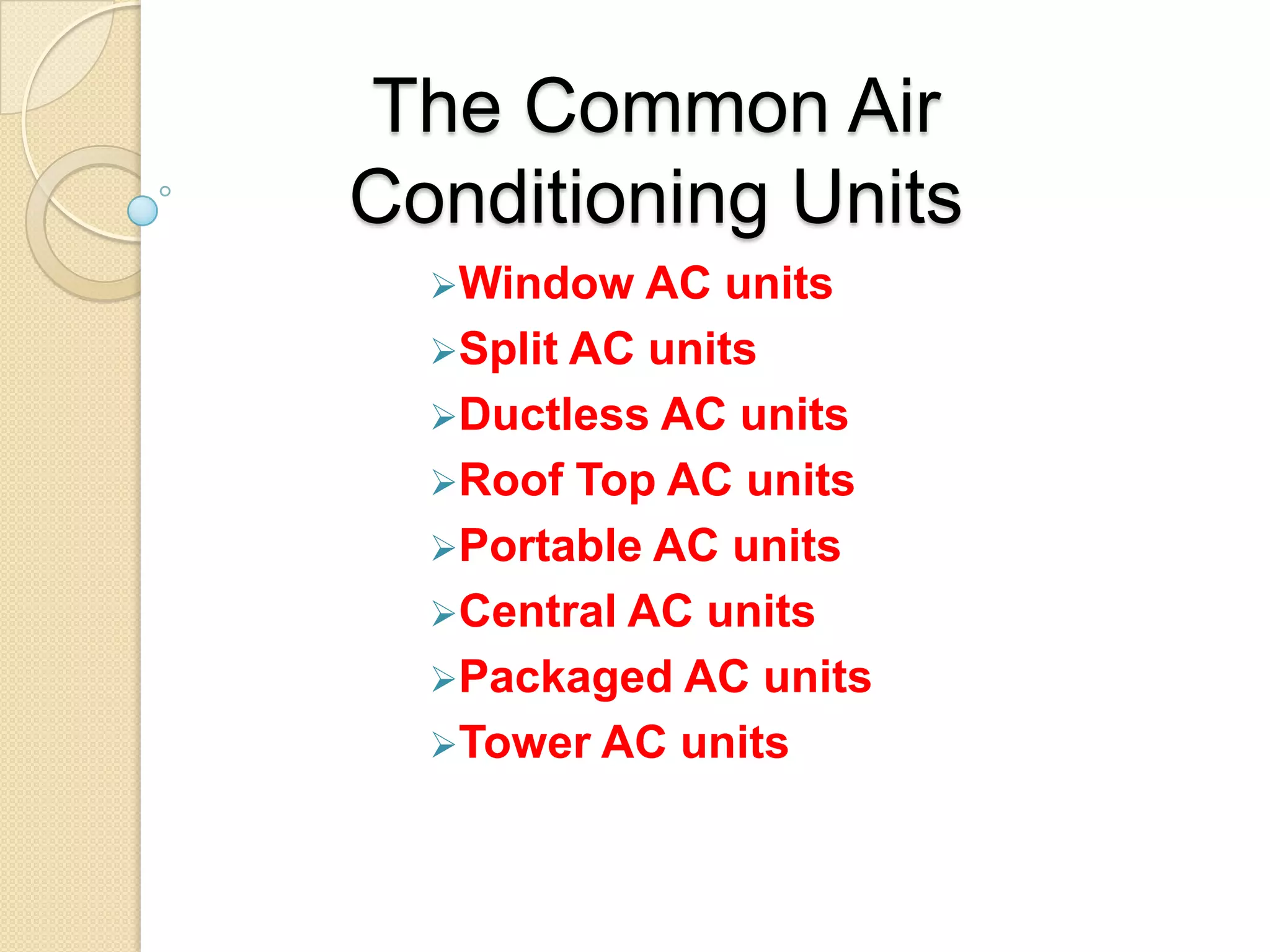 The Common Air
Conditioning Units
Window

AC units
Split AC units
Ductless AC units
Roof Top AC units
Portable AC units
Central AC units
Packaged AC units
Tower AC units

 