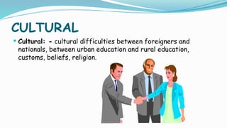 CULTURAL
 Cultural: - cultural difficulties between foreigners and
nationals, between urban education and rural education,
customs, beliefs, religion.
 
