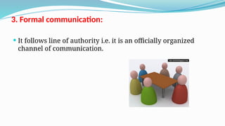 3. Formal communication:
 It follows line of authority i.e. it is an officially organized
channel of communication.
 