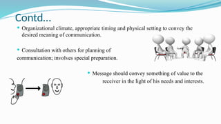 Contd…
 Organizational climate, appropriate timing and physical setting to convey the
desired meaning of communication.
 Consultation with others for planning of
communication; involves special preparation.
 Message should convey something of value to the
receiver in the light of his needs and interests.
 