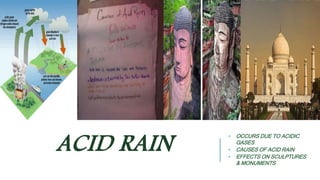 ACID RAIN • OCCURS DUE TO ACIDIC 
GASES 
• CAUSES OF ACID RAIN 
• EFFECTS ON SCULPTURES 
& MONUMENTS 
 