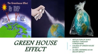 GREEN HOUSE 
EFFECT 
 REFLECTION OF SUN’S 
ENERGY THROUGH 
ATMOSPHERE 
 CAUSES OF GREEN HOUSE 
EFFECT 
 GLOBAL WARMING AS AN 
MAJOR IMPACT 
 