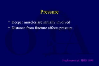 Pressure
• Deeper muscles are initially involved
• Distance from fracture affects pressure
Heckmen et al. JBJS 1994
 
