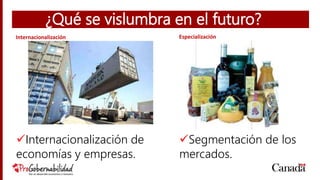 ¿Qué se vislumbra en el futuro?
Internacionalización de
economías y empresas.
Internacionalización Especialización
Segmentación de los
mercados.
 