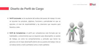 Diseño de Perfil de Cargo
| Certificación en Diseño de Competencias Laborales
 Perfil Funcionales: es la resultante del análisis del puesto de trabajo. En este
se resumen los procesos, objetivos, funciones y periodicidad en que se
ejecutan, el nivel de responsabilidad y las relaciones que requiere para
llevarlas a cabo.
 Perfil de Competencias: el perfil por competencias está formado por las
habilidades y conocimientos que se requieren para desempeñar un puesto
de trabajo, así como los comportamientos y actitudes que tienen las
personas con el mayor desempeño dentro de sus puestos de trabajo. Esto se
se traduce tanto a nivel cuantitativo como a nivel cualitativo.
 
