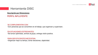 | Certificación en Diseño de Competencias Laborales
Descripción por Dimensiones
EN SITUACIONES ESTRESANTES:
•Se tornan optimistas, animan al grupo, entrega visión positiva.
SE COMPLEMENTAN CON:
•Con personas que se concentren en el trabajo, que organicen y supervisen.
PARA SER EFICIENTES NECESITAN:
•Organizar mejor su tiempo, tomar decisiones, objetividad.
PERFIL INFLUYENTE
Herramienta DISC
 