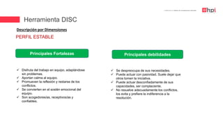 | Certificación en Diseño de Competencias Laborales
Descripción por Dimensiones
 Disfruta del trabajo en equipo, adaptándose
sin problemas.
 Aportan calma al equipo.
 Promueven la reflexión y restarse de los
conflictos.
 Se convierten en el sostén emocional del
equipo.
 Son acogedores/as, receptivos/as y
confiables.
Principales Fortalezas Principales debilidades
 Se despreocupa de sus necesidades.
 Puede actuar con pasividad. Suele dejar que
otros tomen la iniciativa.
 Puede actuar desconfiadamente de sus
capacidades, ser complaciente.
 No resuelve adecuadamente los conflictos,
los evita y prefiere la indiferencia a la
resolución.
PERFIL ESTABLE
Herramienta DISC
 