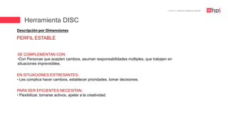 | Certificación en Diseño de Competencias Laborales
Descripción por Dimensiones
EN SITUACIONES ESTRESANTES:
• Les complica hacer cambios, establecer prioridades, tomar decisiones.
SE COMPLEMENTAN CON:
•Con Personas que acepten cambios, asuman responsabilidades múltiples, que trabajen en
situaciones imprevisibles.
PARA SER EFICIENTES NECESITAN:
• Flexibilizar, tornarse activos, apelar a la creatividad.
PERFIL ESTABLE
Herramienta DISC
 