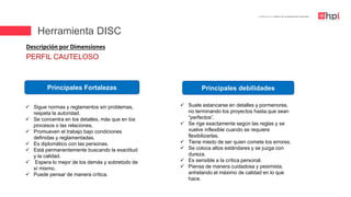 | Certificación en Diseño de Competencias Laborales
Descripción por Dimensiones
 Sigue normas y reglamentos sin problemas,
respeta la autoridad.
 Se concentra en los detalles, más que en los
procesos o las relaciones.
 Promueven el trabajo bajo condiciones
definidas y reglamentadas.
 Es diplomático con las personas.
 Está permanentemente buscando la exactitud
y la calidad.
 Espera lo mejor de los demás y sobretodo de
sí mismo.
 Puede pensar de manera crítica.
Principales Fortalezas Principales debilidades
 Suele estancarse en detalles y pormenores,
no terminando los proyectos hasta que sean
“perfectos”.
 Se rige exactamente según las reglas y se
vuelve inflexible cuando se requiere
flexibilizarlas.
 Tiene miedo de ser quien comete los errores.
 Se coloca altos estándares y se juzga con
dureza.
 Es sensible a la crítica personal.
 Piensa de manera cuidadosa y pesimista,
anhelando el máximo de calidad en lo que
hace.
PERFIL CAUTELOSO
Herramienta DISC
 