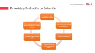 Entrevista y Evaluación de Selección
| Certificación en Diseño de Competencias Laborales
Postura corporal,
movimientos y gestos
Patrones de lenguaje (visual,
auditivo, kinestésico, olfativo
y gustativo)
Proyección Preliminar
Tiempo, tonalidad,
ritmo y volumen al
hablar
Parpadeo y vías de acceso
ocular
Frecuencia y profundidad
en la respiración
 