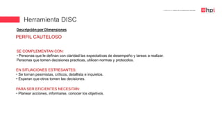 | Certificación en Diseño de Competencias Laborales
Descripción por Dimensiones
EN SITUACIONES ESTRESANTES:
• Se tornan pesimistas, críticos, detallista e inquietos.
• Esperan que otros tomen las decisiones.
SE COMPLEMENTAN CON:
• Personas que le definan con claridad las expectativas de desempeño y tareas a realizar.
Personas que tomen decisiones practicas, utilicen normas y protocolos.
PARA SER EFICIENTES NECESITAN:
• Planear acciones, informarse, conocer los objetivos.
PERFIL CAUTELOSO
Herramienta DISC
 