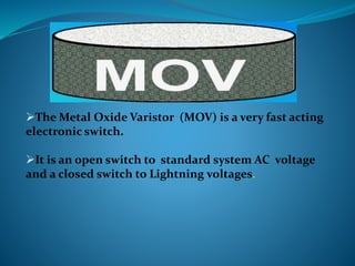 The Metal Oxide Varistor (MOV) is a very fast acting
electronic switch.
It is an open switch to standard system AC voltage
and a closed switch to Lightning voltages.
 