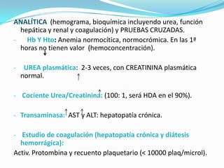 ANALÍTICA (hemograma, bioquímica incluyendo urea, función
  hepática y renal y coagulación) y PRUEBAS CRUZADAS.
-   Hb Y Hto: Anemia normocítica, normocrómica. En las 1ª
  horas no tienen valor (hemoconcentración).

-    UREA plasmática: 2-3 veces, con CREATININA plasmática
    normal.

- Cociente Urea/Creatinina: (100: 1, será HDA en el 90%).

- Transaminasa: AST y ALT: hepatopatía crónica.

- Estudio de coagulación (hepatopatía crónica y diátesis
  hemorrágica):
Activ. Protombina y recuento plaquetario (< 10000 plaq/microl).
 