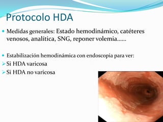 Protocolo HDA
 Medidas generales: Estado hemodinámico, catéteres
 venosos, analítica, SNG, reponer volemia……

 Estabilización hemodinámica con endoscopia para ver:
 Si HDA varicosa
 Si HDA no varicosa
 