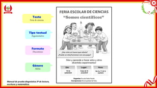 Texto
Feria de ciencias
Tipo textual
Argumentativo
Formato
Discontinuo
Género
Afiche
Manual de prueba diagnóstica 3º de lectura,
escritura y matemática.
 